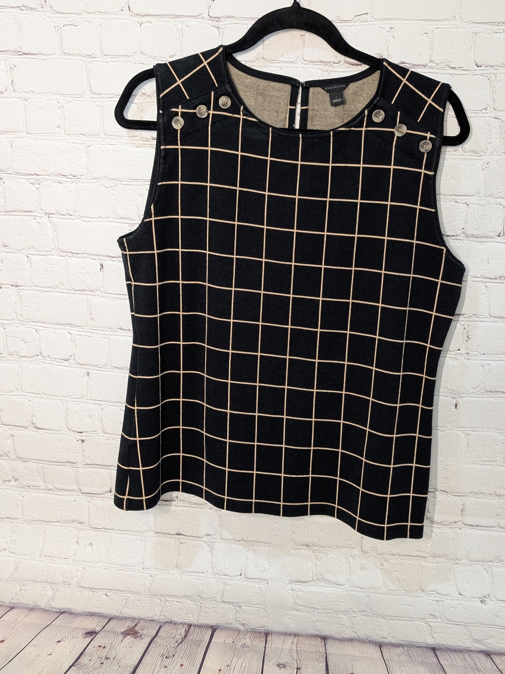 Ann Taylor Black Windowpane Button-Shoulder Sleeveless Top